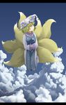  annoyed blonde_hair chen cloud day fang flying fox_tail hands_in_opposite_sleeves hat highres kabu_(yuyuibob) letterboxed multiple_girls multiple_tails short_hair sky tail touhou yakumo_ran yellow_eyes 