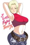 armpits bad_id bad_pixiv_id bare_shoulders belt blonde_hair blue_eyes blue_mary breasts crop_top english fatal_fury halter_top halterneck large_breasts lips maou_alba midriff navel nose one_eye_closed pants short_hair solo the_king_of_fighters 