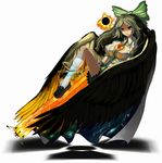  arm_cannon arugeri black_wings bow breasts brown_hair cape floating hair_bow kneehighs large_bow large_breasts loafers long_hair radioactive red_eyes reiuji_utsuho shadow shoes smirk socks solo touhou weapon white_legwear wings 