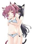  akemi_homura animal_ears bad_id bad_pixiv_id black_hair blush bow bow_bra bow_panties bra breasts cat_ears cat_tail colored_eyelashes eyelashes hair_ribbon hand_under_clothes hug hug_from_behind kaname_madoka kemonomimi_mode lingerie long_hair mahou_shoujo_madoka_magica midriff multiple_girls navel one_eye_closed open_mouth panties panty_pull purple_eyes red_eyes ribbon senoo_aoi short_hair short_twintails simple_background small_breasts standing tail twintails underboob underwear underwear_only undressing yuri 
