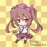  azuma_takeshi_(andon_kandelaar) blush brown_eyes brown_hair cellphone character_name checkered checkered_background checkered_skirt chibi hat himekaidou_hatate necktie phone skirt solo tokin_hat touhou twintails 