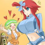  3girls bel_(pokemon) bell blonde_hair blue_eyes blush breast_envy breasts cleavage female flat_chest fuuro_(pokemon) gym_leader heart hearts huge_breasts kamitsure_(pokemon) long_hair midriff multiple_girls oro_(zetsubou_girl) pokemon red_hair saliva short_hair 