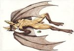  bat breasts brown_hair claws ear_piercing earring female hair kiwi_fruit looking_at_viewer lying mammal navel nelena nipples nude on_back piercing plain_background realistic_wings solo toe_claws tongue white_background wings 