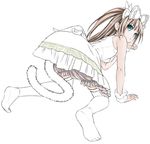  all_fours bloomers cat_tail cuffs dress feet foreshortening green_eyes hair_ribbon long_hair maruyama original paw_pose ribbon solo tail thighhighs underwear work_in_progress 