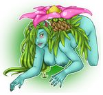  2011 all_fours blush breasts female flower green green_hair green_nipples looking_at_viewer nintendo nipples nude pok&eacute;mon pok&eacute;morph red_eyes rozwell venusaur 