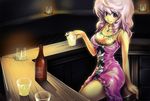  bar bar_stool barmaid bottle breasts bug butterfly candle cleavage glasses insect jewelry large_breasts missy_(sekaiju) mocchi necklace pink_eyes pink_hair pink_skirt sekaiju_no_meikyuu sekaiju_no_meikyuu_3 skirt smile solo stool 
