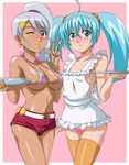  2girls apron bakugan bakugan_battle_brawlers bare_shoulders bikini bikini_top blue_eyes blue_hair blush breasts cameltoe carrying censored collarbone dark_skin earrings ears erect_nipples female green_eyes hair_between_eyes heart heart_censor highres jewelry julie_hayward legwear long_hair looking_at_viewer makino_tomoyasu midriff misaki_runo multiple_girls naked_apron navel no_panties novelty_censor orange_legwear pink_background pose short_shorts shorts side_ponytail silver_hair simple_background smile standing stockings striped striped_bikini striped_swimsuit sweat swimsuit thighhighs thighs tray twintails v wink 