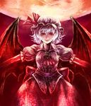  bad_id bad_pixiv_id bat_wings brooch dress full_moon hat hat_ribbon jewelry lavender_hair lips moon outstretched_arms red_eyes red_sky remilia_scarlet ribbon sash short_hair sky solo spread_arms touhou wings yuumeibokumeimei 