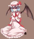  bad_id bad_pixiv_id bat_wings blue_hair fang hat prime red_eyes remilia_scarlet short_hair simple_background sitting skirt skirt_set smirk solo touhou wings wrist_cuffs 
