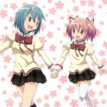  bad_id bad_pixiv_id banned_artist blue_eyes blue_hair blush flower gonzaburou holding_hands kaname_madoka mahou_shoujo_madoka_magica miki_sayaka mitakihara_school_uniform multiple_girls official_style pink_eyes pink_hair ribbon school_uniform short_hair smile thighhighs twintails white_legwear zettai_ryouiki 