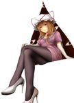  bad_id bad_pixiv_id black_legwear blonde_hair bow crossed_legs dress elbow_gloves eyes gap gloves hair_bow hat hat_ribbon high_heels kirieppa legs long_hair pantyhose red_eyes ribbon shoes sitting solo touhou yakumo_yukari 