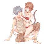  1girl animal_ears bad_id bad_pixiv_id barefoot blue_eyes blue_hair breasts brown_eyes brown_hair cat_ears cat_tail cleavage collar couple feet hands hetero kaito medium_breasts meiko navel short_hair sitting tail vocaloid yuzuko 