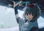  animal_ears arm_up breath bridal_gauntlets cave detached_sleeves fangs hat highres inubashiri_momiji open_mouth red_eyes short_hair silver_hair snow snowing solo takuzui tokin_hat touhou wolf_ears 