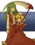  ascot blonde_hair blush closed_eyes dress elly green_hair hat holding holding_scythe kazami_yuuka kazami_yuuka_(pc-98) long_hair multiple_girls pants plaid plaid_background plaid_pants plaid_vest scythe short_hair smile tamaki_hakobe touhou touhou_(pc-98) vest yellow_eyes 