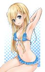  armpits bad_id bad_pixiv_id bikini blonde_hair blue_eyes copyright_request face frilled_bikini frills highres irimo long_hair looking_at_viewer navel sitting smile solo swimsuit 