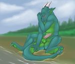  anthro anus balls barbs beach blue_eyes blush claws digitigrade dragon erection green_body green_dragon hindpaw horn horns looking_at_viewer male nude outside paws penis pose scalie seaside shy soles solo thick_tail toes tojo_the_thief tojo_the_thief_(character) water 