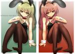  animal_ears blonde_hair brown_eyes brown_hair bunny_ears bunnysuit feet k_(kkk) long_hair multiple_girls new_year original pantyhose red_eyes string symmetry 