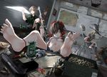  3girls ak-47 alcohol alice_margatroid ammunition anklet assault_rifle barefoot battle_rifle beer black_legwear black_thighhighs blinds blonde_hair breasts brown_hair bullet candy chair chupa_chups cigarette condom contemporary cross-laced_footwear desk dutch_angle engrish explosive feet female foreshortening g3 grenade gun h&amp;k_g3 hair_ribbon hakurei_reimu handgun hat heineken highres jewelry kirisame_marisa lollipop long_hair long_toenails military military_uniform money multiple_girls no_bra pen pistol price_tag product_placement ranguage ribbon rifle room shirt_lift short_hair sitting soles terabyte_(rook777) thighhighs toenails toes tokarev_tt-33 touhou underboob uniform weapon whiteboard window witch_hat 