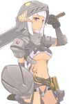  armor bottomless breasts dark_skin erect_nipples female frown helmet highres horns large_breasts navel no_pants original purple_eyes purple_hair shield short_hair sword tattoo ug_(nekonekodou) underboob weapon 