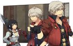  2boys angry belt black_gloves black_hair blue_eyes capcom cyef21 dante dante_(devil_may_cry) devil_may_cry devil_may_cry_3 devil_may_cry_4 female fingerless_gloves gloves grey_eyes grey_hair heterochromia hood hoodie kiragera lady lady_(devil_may_cry) male multiple_boys nero nero_(devil_may_cry) pants red_eyes red_gloves scar short_hair trench_coat trenchcoat weapon 