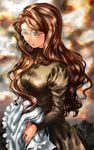  alternate_hairstyle apron brown_dress brown_hair carrying dress emma_(victorian_romance_emma) glasses hair_down holding juliet_sleeves light_smile long_hair long_sleeves looking_away puffy_sleeves solo victorian_romance_emma wavy_hair yasuhito_(yasu_no_e) 