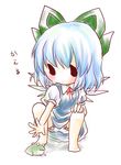  bad_id bad_pixiv_id bare_legs bloomers blue_dress blue_hair blush bow chibi cirno dress frog hair_bow kuromame_(8gou) outstretched_hand solo squatting touhou translated underwear upskirt wings 