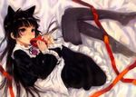  animal_ears black_hair black_legwear blush from_above gokou_ruri gothic_lolita hands heart hime_cut kawakami_rokkaku lips lolita_fashion long_hair lying mole mole_under_eye on_side ore_no_imouto_ga_konna_ni_kawaii_wake_ga_nai pantyhose red_eyes solo 