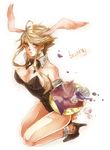  animal_ears bad_id bad_pixiv_id bare_legs blonde_hair breasts brown_eyes bunny_ears bunnysuit cleavage fumihito_(kiraku) kasuga_(sengoku_basara) large_breasts sengoku_basara short_hair_with_long_locks sidelocks solo squatting tray 