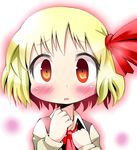  :o ascot bad_id bad_pixiv_id blonde_hair blush bow child close-up face givuchoko hair_bow hair_ornament highres open_mouth red_eyes rumia short_hair solo surprised touhou upper_body 