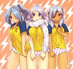  bad_id bad_pixiv_id blush eyepatch fubuki_shirou genderswap genderswap_(mtf) inazuma_eleven inazuma_eleven_(series) kazemaru_ichirouta multiple_girls no_pants panties raglan_sleeves raimon sakuma_jirou shirt_tug underwear urako_(39g) 