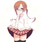  brown_eyes brown_hair cardigan commentary_request glasses itou_shiori kurabayashi_aya long_hair mitsudomoe necktie plaid plaid_skirt skirt skirt_lift solo thighhighs twintails zettai_ryouiki 