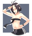  antenna_hair armpits bandeau black_eyes black_hair blush hand_on_hip idolmaster idolmaster_(classic) kikuchi_makoto navel no_legs one_eye_closed oohara_kyuutarou outside_border shading_eyes short_hair shorts solo sweatband watch wristband wristwatch 