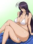  antenna_hair arm_support bikini black_beat blue_eyes breasts cameltoe cleavage collarbone crossed_legs hair_over_one_eye huge_breasts ikkitousen kan'u_unchou lips long_hair purple_hair simple_background sitting smile solo string_bikini swimsuit underboob very_long_hair white_bikini 