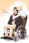  1boy 1girl armored_core armored_core:_for_answer armored_core_4 blonde_hair eyes_closed feather feathers female fiona_jarnefeldt from_software gift male present short_hair smile tatuya wheelchair 