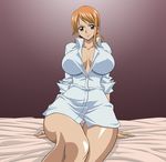  1girl bed breasts brown_eyes cleavage curvy erect_nipples large_breasts legs looking_at_viewer nami nami_(one_piece) nel-zel_formula no_pants one_piece orange_hair panties plump shirt short_hair sitting smile solo t-shirt thighs twintails underwear 