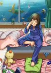  barefoot bed bed_sheet bedroom bubble clock closed_eyes cup curtains cushion feet fish flower_pot green_hair indoors morning mug original pajamas pillow rubbing_eyes solo stuffed_toy turtle waking_up water window yuuki_maya 