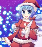  bad_id bad_pixiv_id blue_eyes blue_hair cirno fang fujisaki_kaon hat sack santa_costume santa_hat short_hair solo touhou wings 