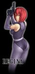  ass bare_shoulders beretta_92 black_gloves dino_crisis elbow_gloves from_behind gloves gun handgun leotard looking_back red_eyes red_hair regina short_hair simple_background text_focus thor_(deep_rising) weapon 