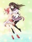  akemi_homura ayumi_(xiwu) black_hair eye_contact face-to-face flying hair_ribbon holding_hands kaname_madoka kneehighs long_hair looking_at_another mahou_shoujo_madoka_magica multiple_girls orange_eyes pantyhose pink_hair profile purple_eyes purple_skirt ribbon short_hair skirt twintails water white_legwear 