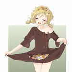  arinko_(kashizu_ringo) blonde_hair blush closed_eyes dress face flower head_wreath kashizu_ringo messy_hair off_shoulder original short_hair short_twintails skirt_basket smile solo twintails 