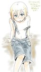  blonde_hair blue_eyes erica_hartmann flat_chest naked_overalls overalls short_hair solo strap_slip strike_witches world_witches_series 