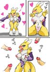  big_breasts black_sclera blush breasts canine comic digimon erection female fingering fox heat horny in_heat japanese_text male mammal masturbation navel nipples nude open_mouth penis plain_background pussy renamon snakegood spreading straight tail teal_eyes tears text tongue trembling white_background 