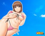  action_pizazz belly bikini blue_background breast_lift breasts brown_eyes brown_hair day from_below groin large_breasts micro_bikini pink_bikini plump saigadou short_hair sky smile swimsuit underboob wallpaper 