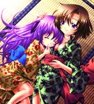  breast_pillow breasts brown_hair cleavage closed_eyes hanyuu highres higurashi_no_naku_koro_ni horns hug japanese_clothes kimono long_hair lying medium_breasts multiple_girls on_back on_side purple_eyes purple_hair ryuuguu_rena sachiko short_hair sleeping smile 