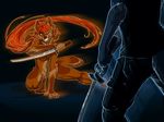  4:3 anthro blue_body blue_fur canid canine canis crouching duo female fight fuckie fur hair holding_melee_weapon holding_object holding_sword holding_weapon katana male mammal melee_weapon nude orange_body orange_fur orange_hair sword tail weapon wolf 