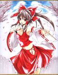  armpits atoshi bare_shoulders bow cherry_blossoms detached_sleeves dress hair_bow hakurei_reimu midriff millipen_(medium) no_panties outstretched_arm red_dress red_eyes shikishi smile solo touhou traditional_media tree 