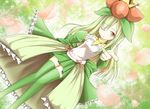  blonde_hair finger_gun green_legwear gusutan hand_on_own_chest highres lilligant long_hair one_eye_closed personification pokemon solo thighhighs yellow_eyes zettai_ryouiki 