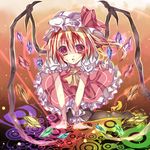  ascot blonde_hair crystal flandre_scarlet hat heath41 highres kneeling neckerchief red_eyes short_hair side_ponytail smile solo touhou wings wrist_cuffs 