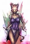  armor breasts cougar dagger enrin feline female loincloth magic_the_gathering mirri_cat_warrior purple_eyes solo unconvincing_armour underwear unimpressed weapon 