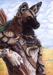  african_wild_dog anthro bone bow bow_(weapon) canine canis desert dog hunting mammal plains portrait qzurr ranged_weapon savannah solo teeth tribal utunu warrior weapon 